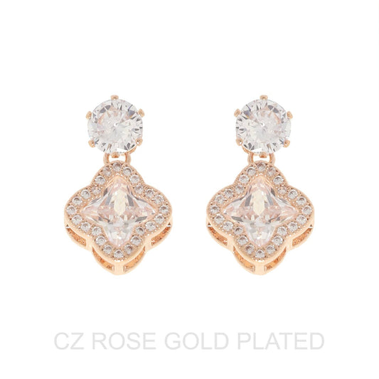 2-Tier Gold Plated CZ Quatrefoil Drop Earrings
