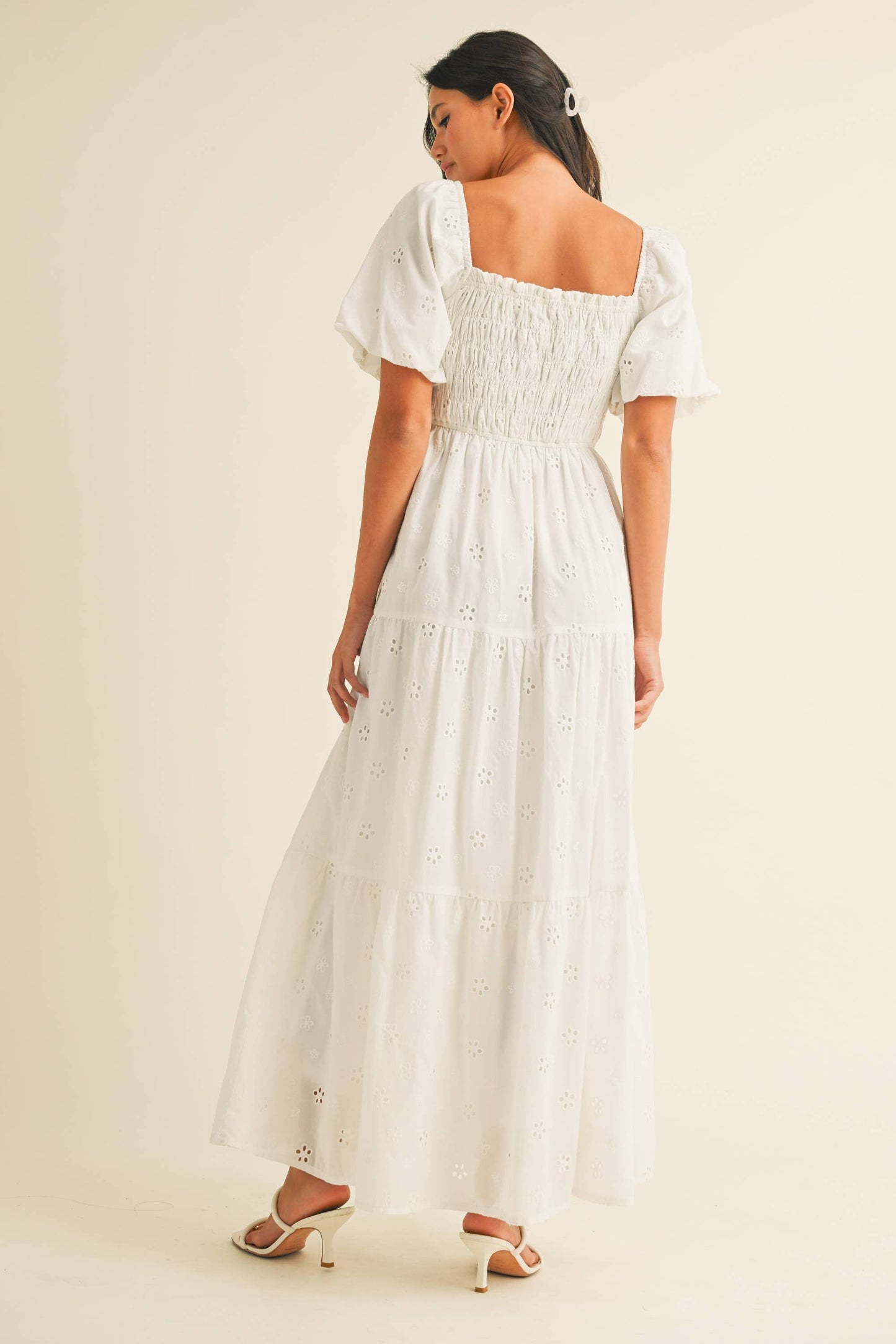 ID8852 EYELET PUFF SLEEVES MIDI DRESS WITH SMOCKING