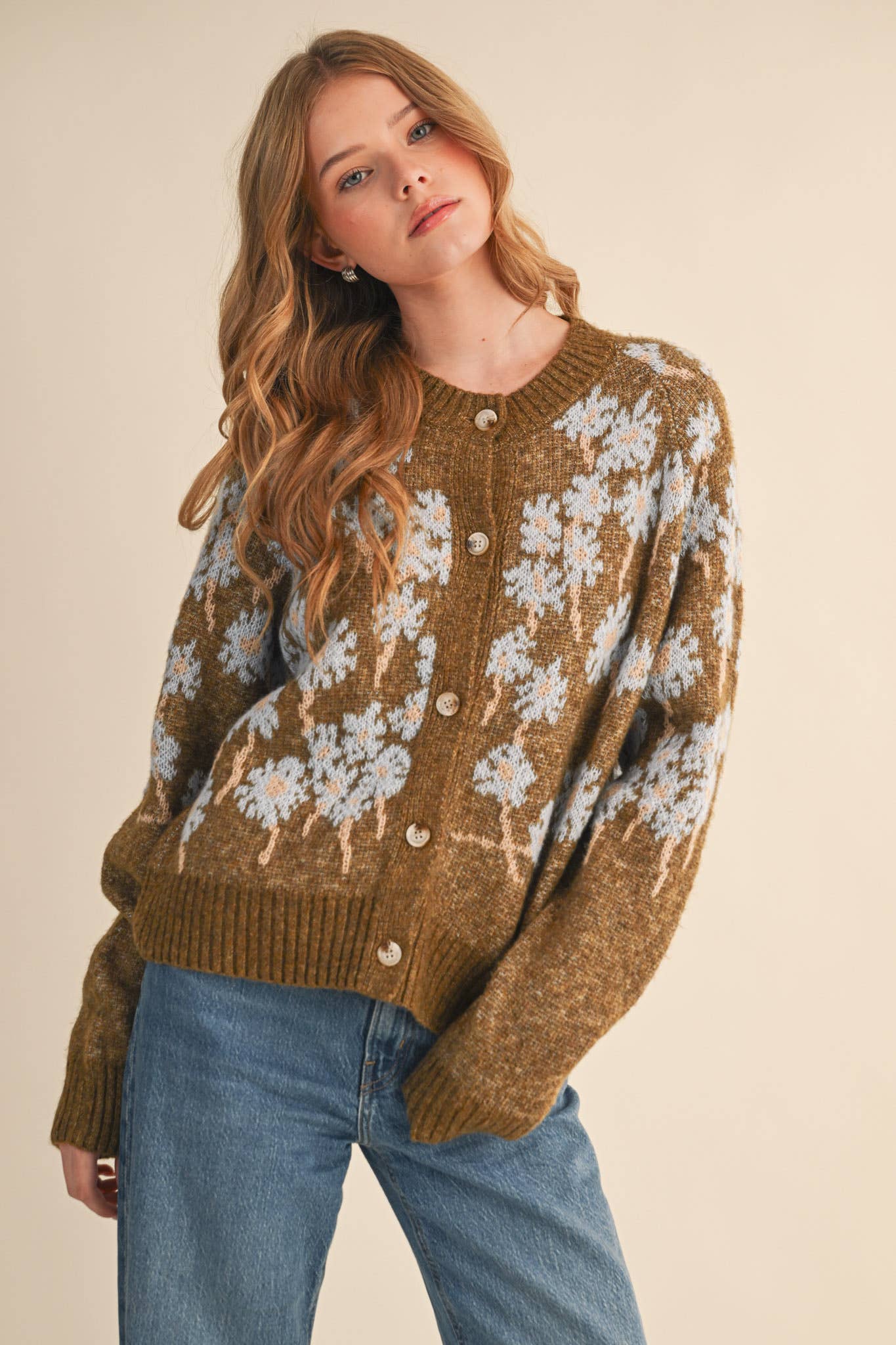 FLORAL KNIT BUTTON DOWN SWEATER CARDIGAN MSW11238