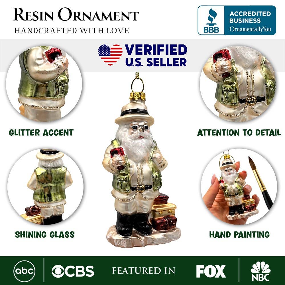 Adventurous Safari Santa Handblown Glass Ornament