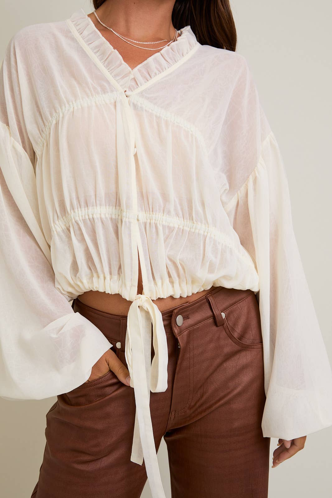 LONG SLEEVES BLOUSE TOP WITH RUFFLE DETAIL ON NECKLINE