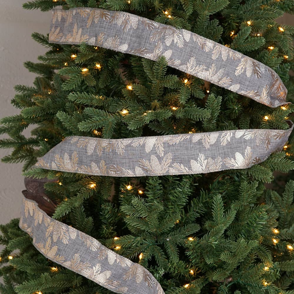 R32927-Wired Ribbon-Gray Burlap with pinecones (2.5inW)