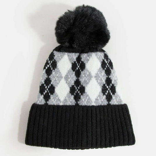 Argyle Knit Pom Beanie