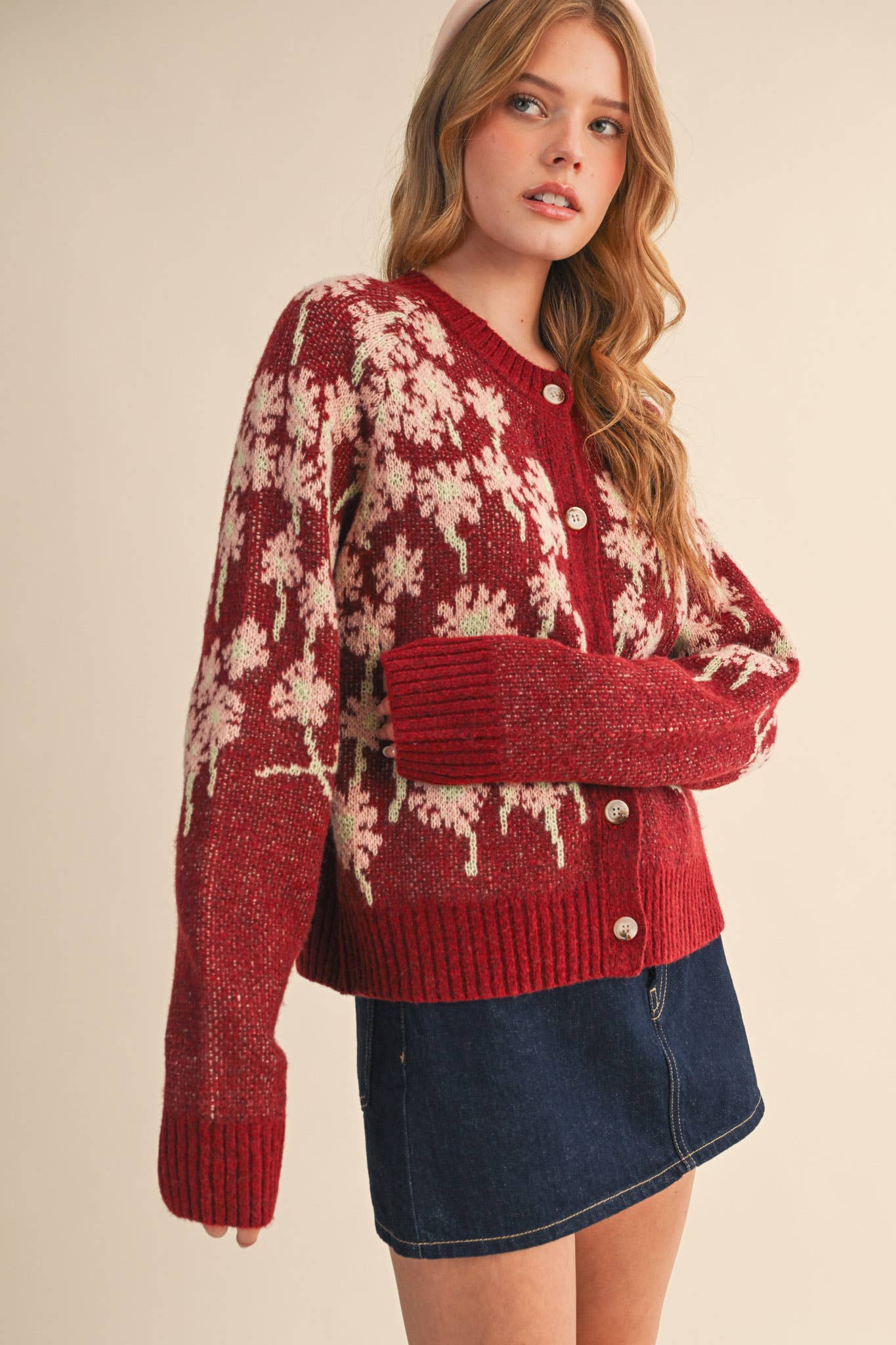 FLORAL KNIT BUTTON DOWN SWEATER CARDIGAN MSW11238
