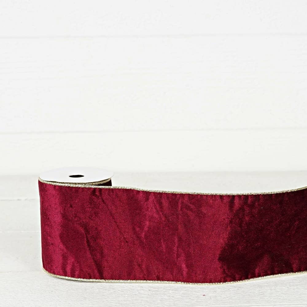 R32981-Wired Ribbon-Burgundy Velvet w. Gold back (4inW)