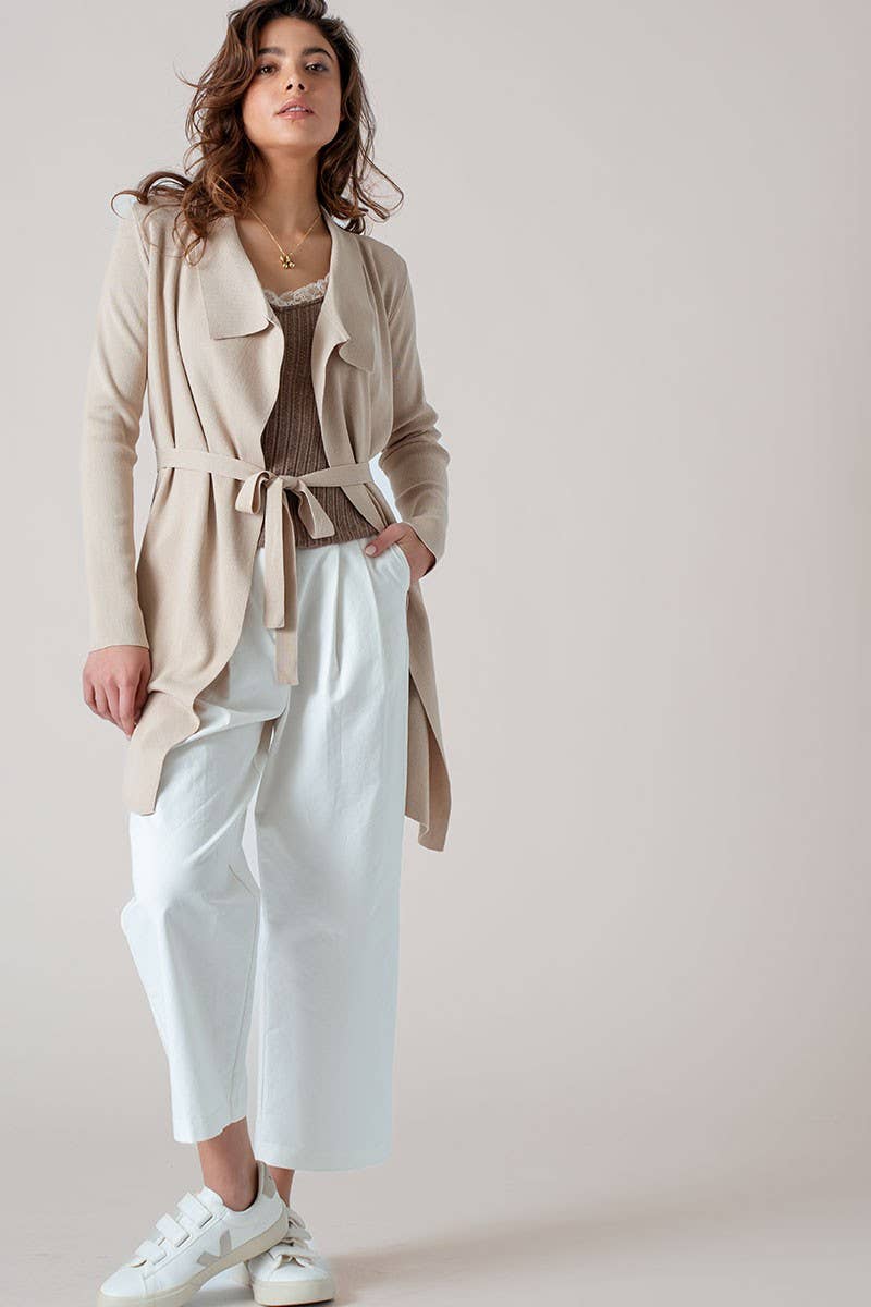 Draped Front Long Sleeve Waist Tie Cardigan