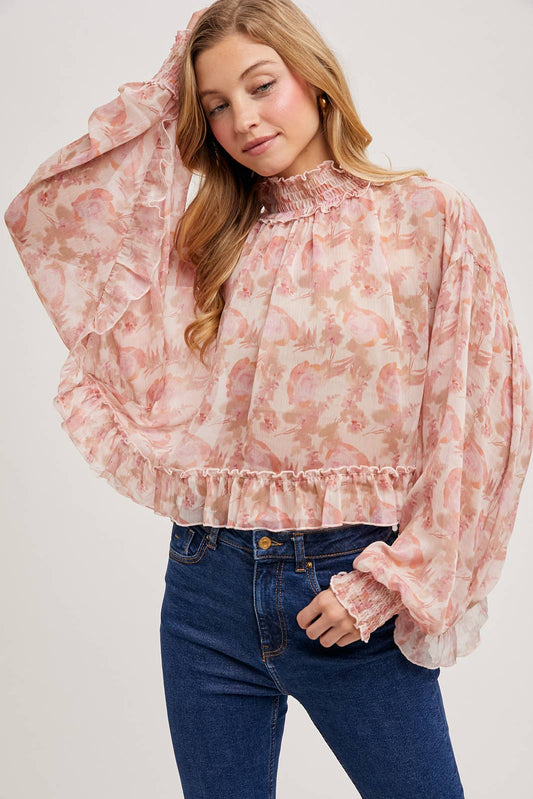 FLORAL PRINT RUFFLED MOCK NECK CHIFFON TOP