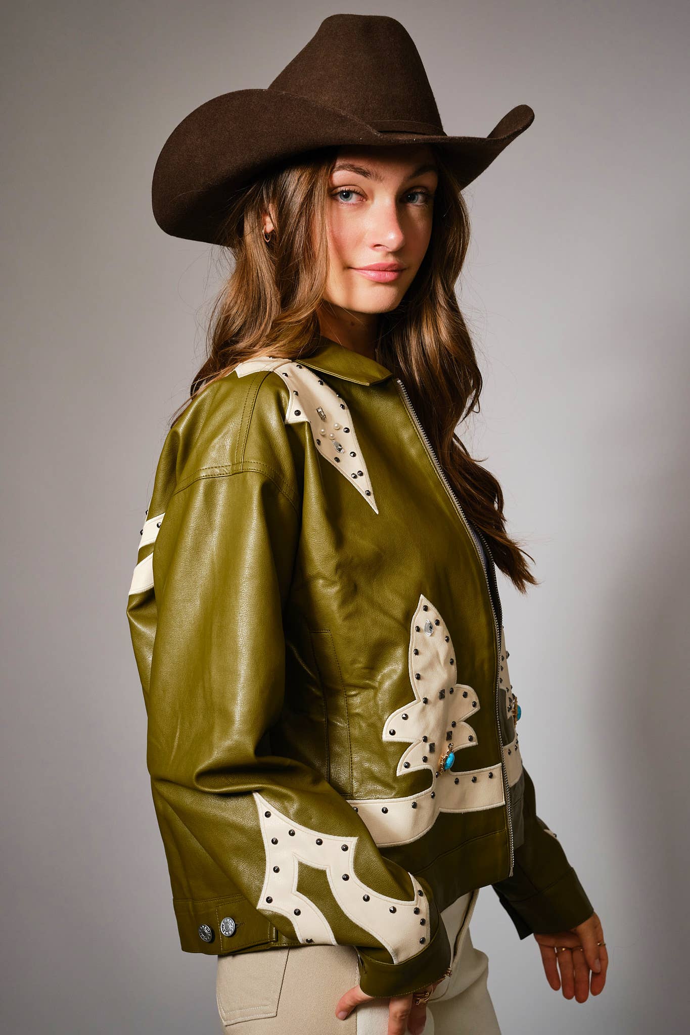 23526J - Faux Leather Studded Oversized Zip-Up Jacket