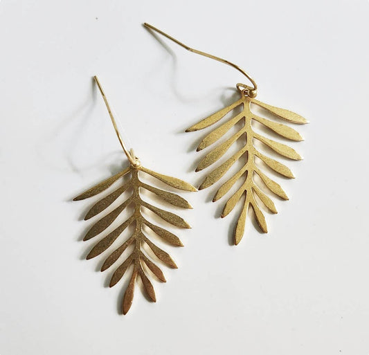Brass Fern Leaf & Watermelon Tourmaline Dangle Earrings