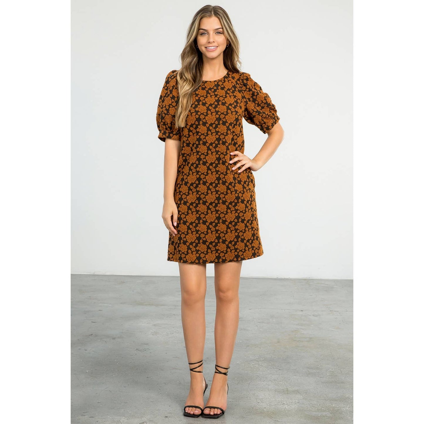 Textured Black Dress with Puff Sleeves and Floral Print
