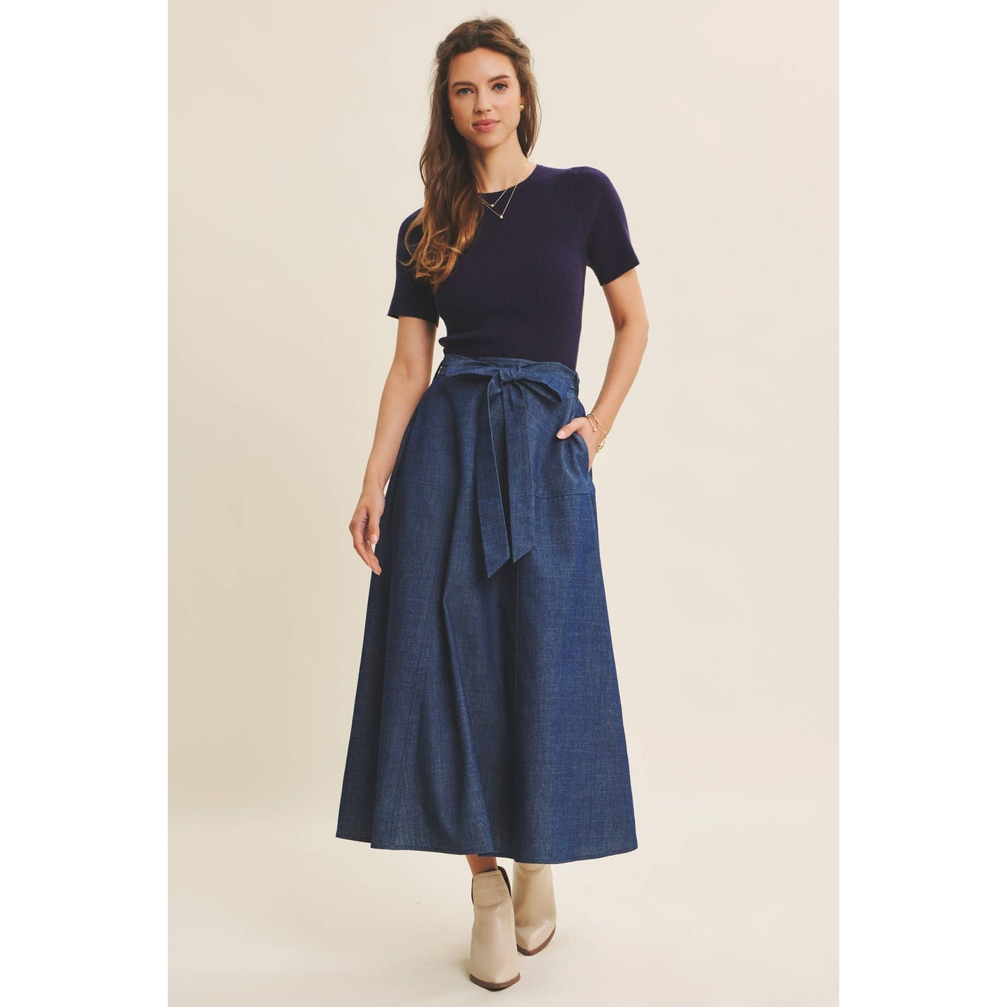 EFFORTLESS MIX OF COZY AND POLISHED TWOFER DENIM DRESS