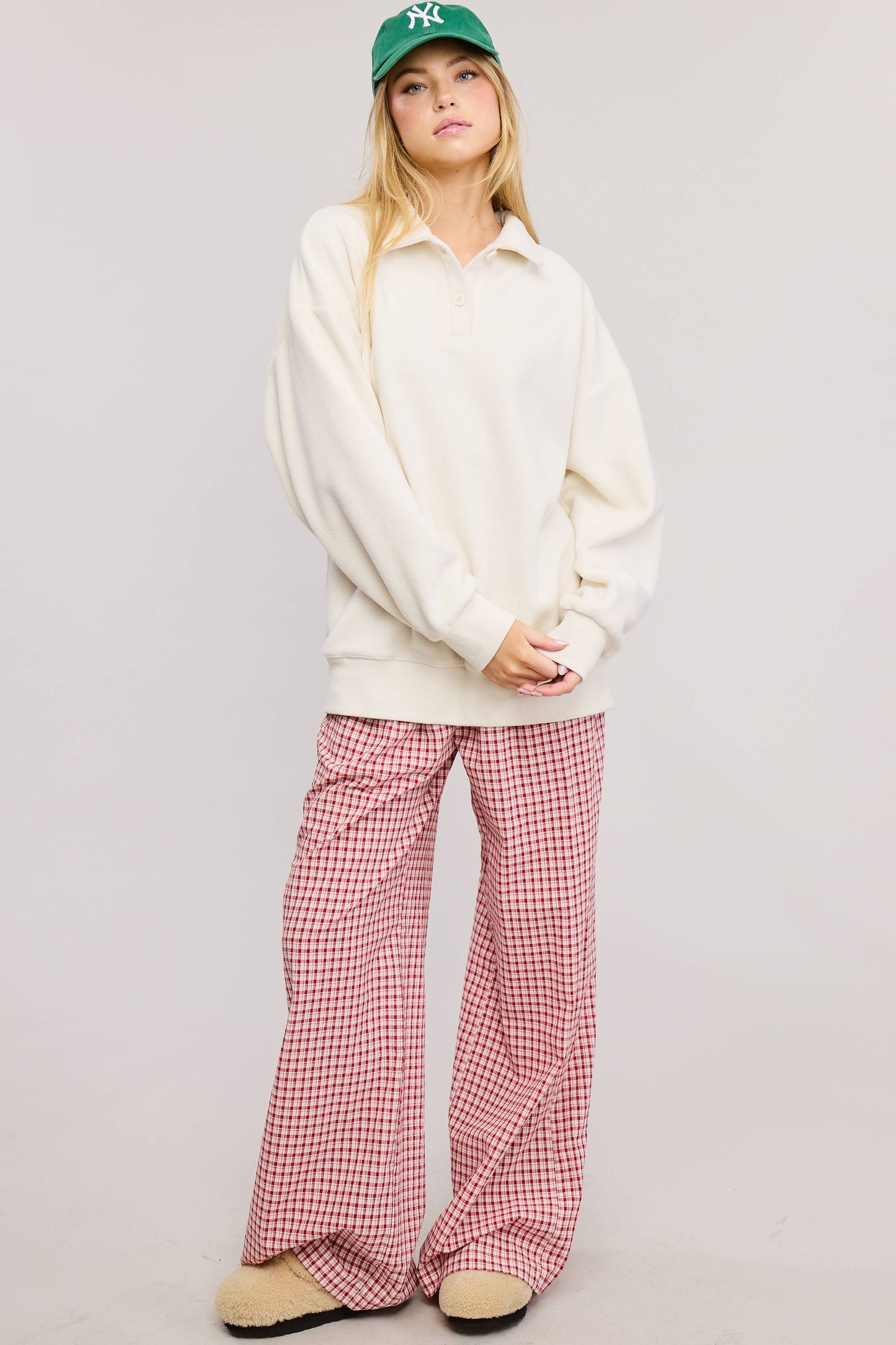 Teddy Velour Buttoned Collar Pullover Knit Sweater