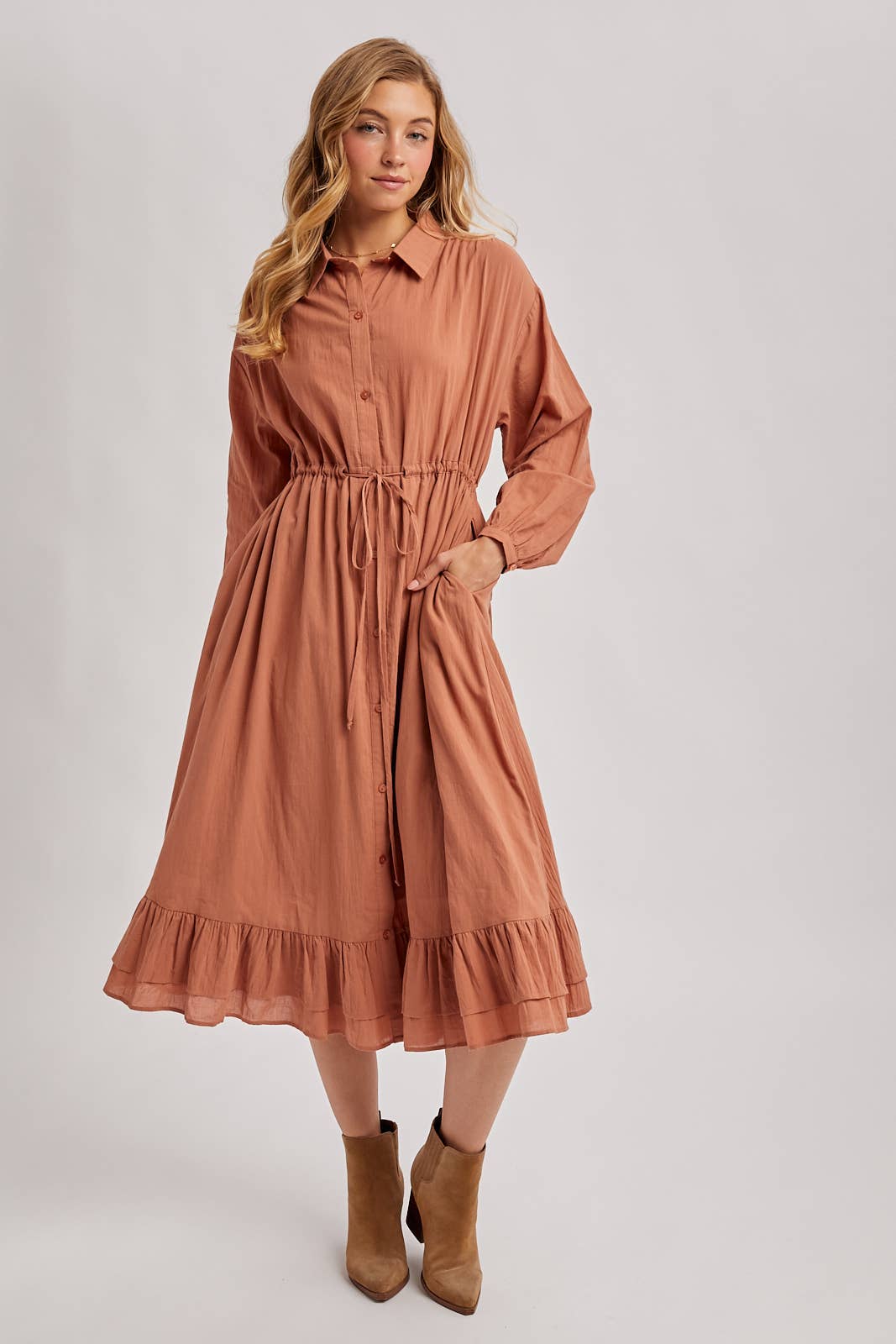 RUFFLED MIDI OPEN DUSTER OR SHIRT DRESS