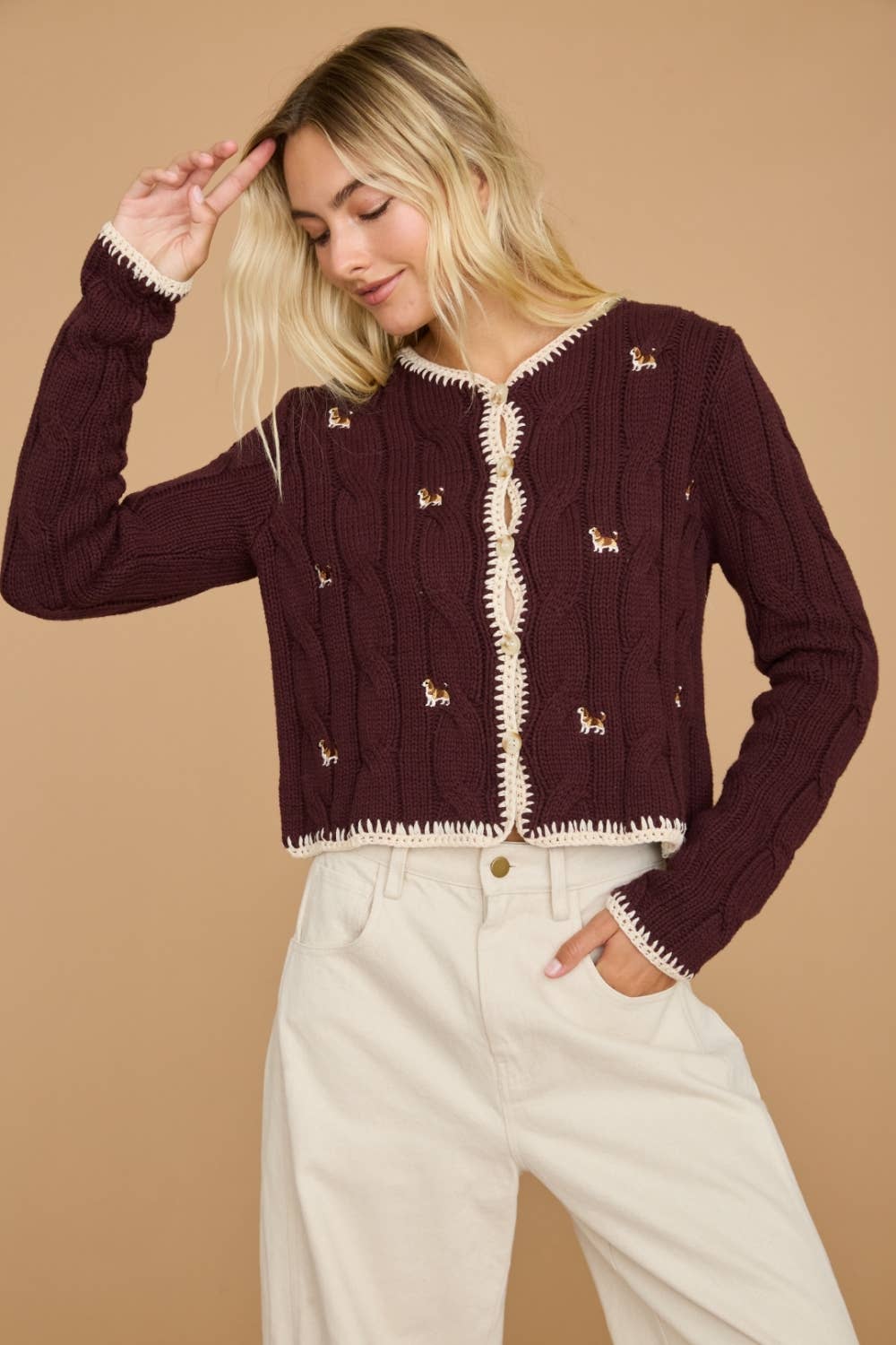 Embroidered Dog Cable Knit Cardigan Sweater Top