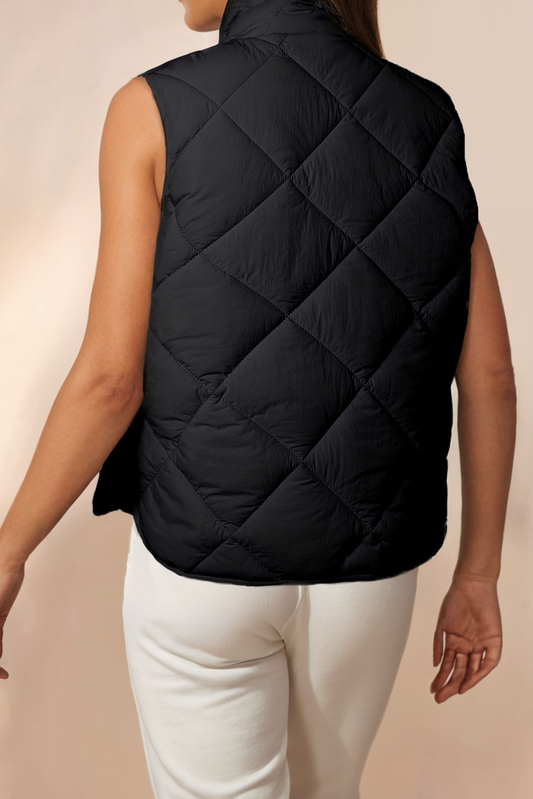 LAST CHANCE - Quilted Stand Neck Button Down Pocket Vest Coat - size S