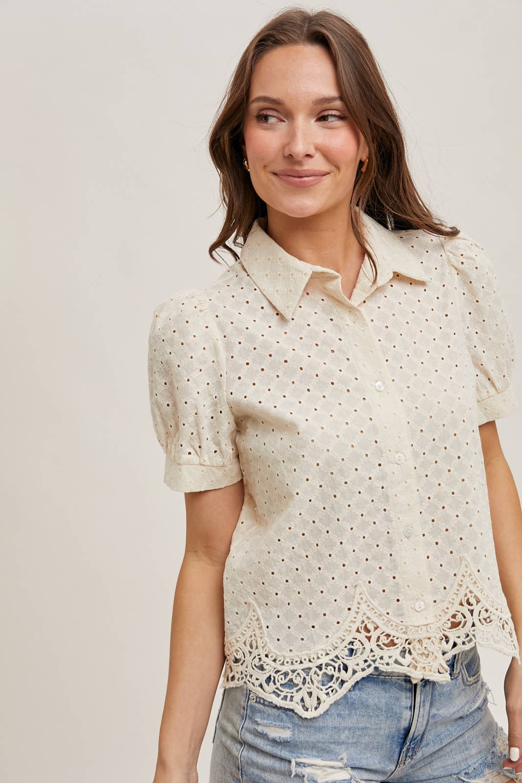 EYELET LACE TRIMMED BUBBLE SLEEVE SHIRT BLOUSE