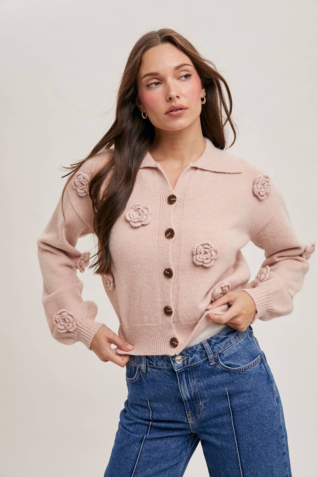 FLORAL EMBROIDERY BUTTON DOWN COLLAR KNIT CARDIGAN