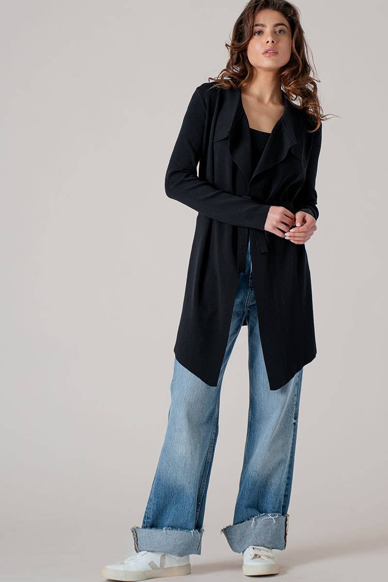 Draped Front Long Sleeve Waist Tie Cardigan