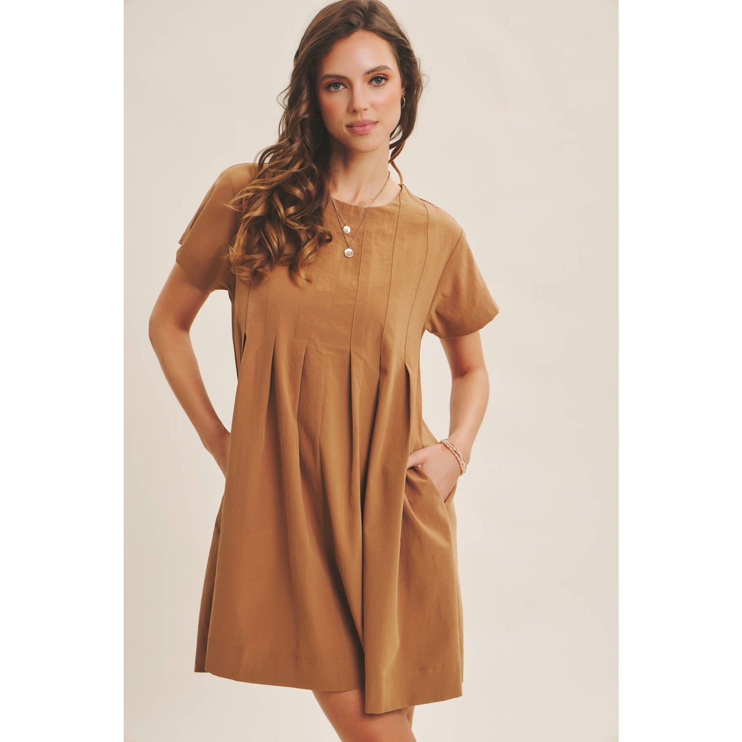 EASYGOING PLEATED DETAIL MINI DRESS WITH POCKETS