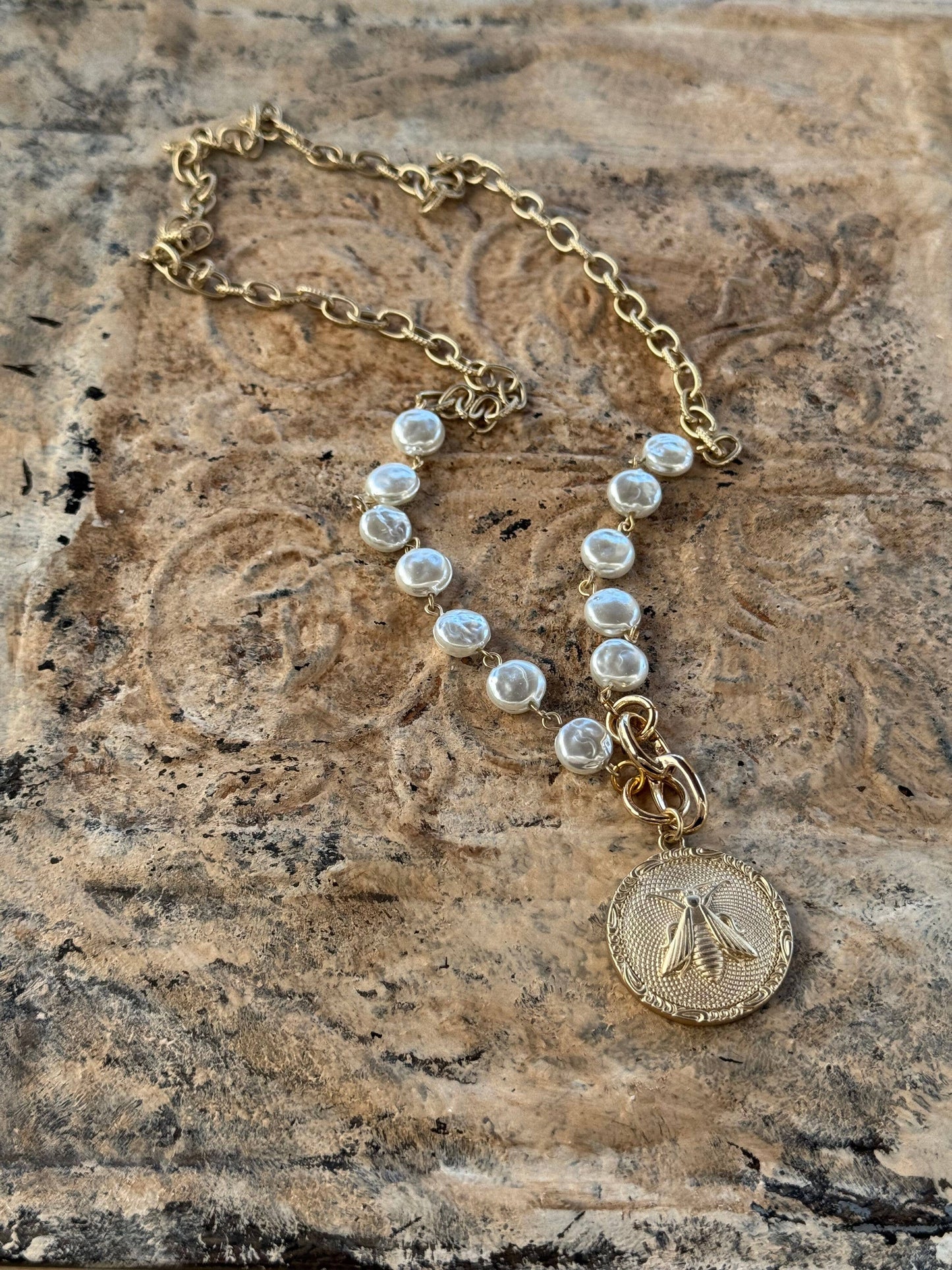 Majesty Bee Medallion Pearl Coin Necklace