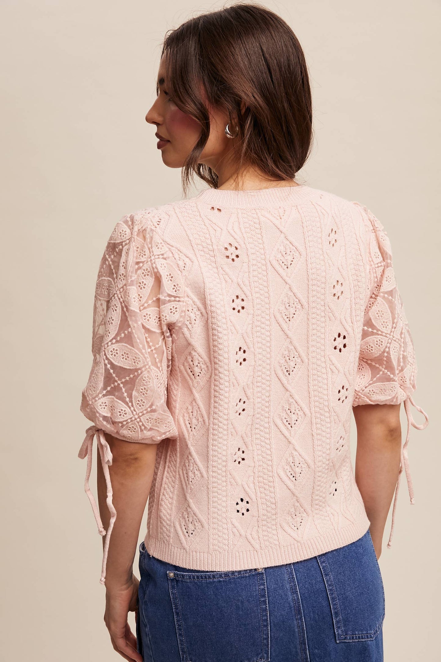 Eyelet Puff Sleeve Knit Sweater Top