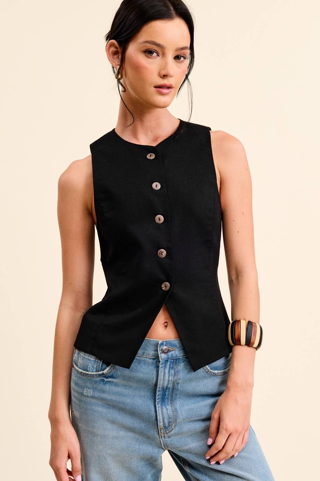 Button Down Sleeveless Round Neck Waistcoat Vest - Navy Blue