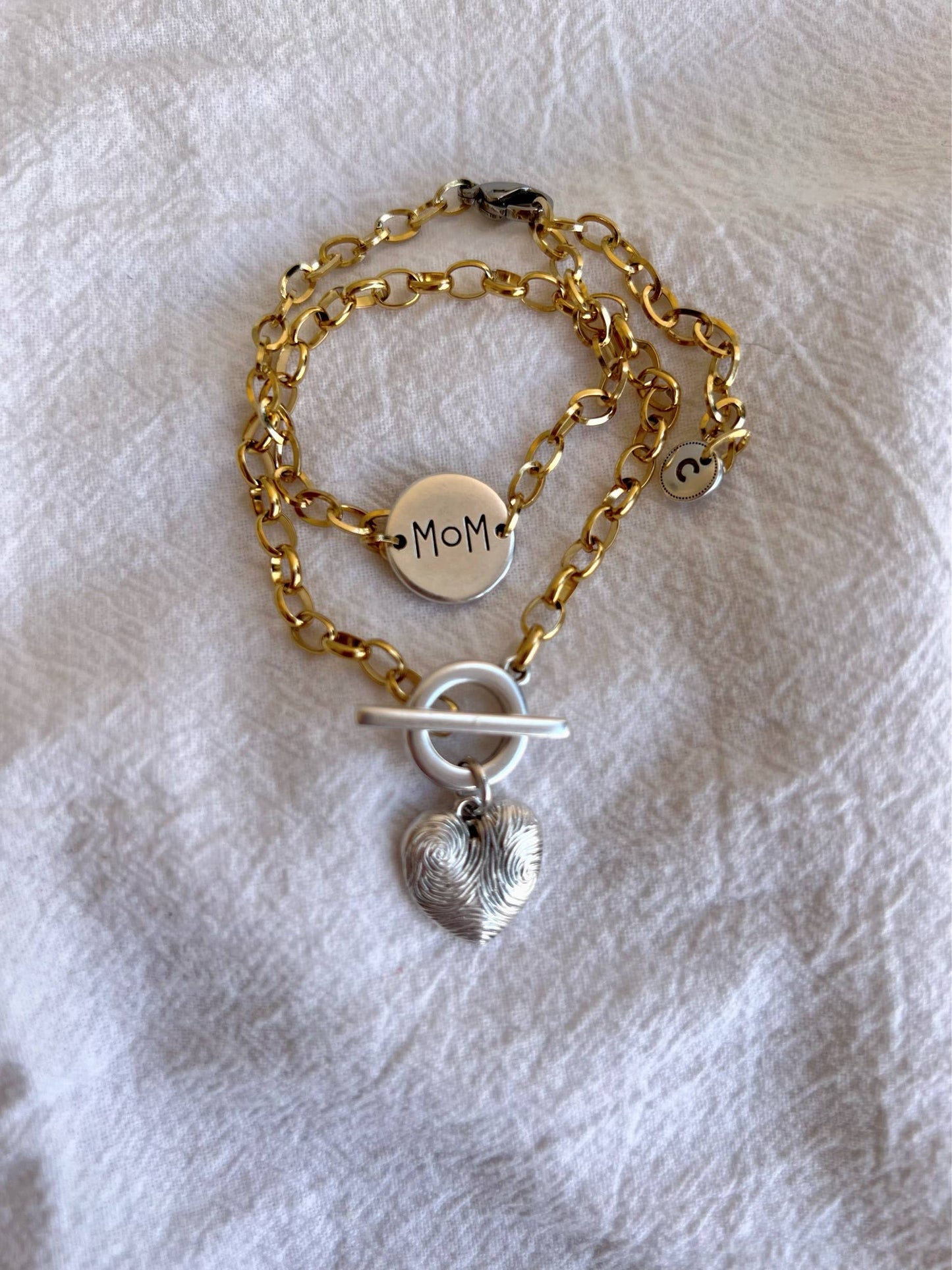Gold Chain Bracelet with Silver Mom Charm, Heart Bracelet