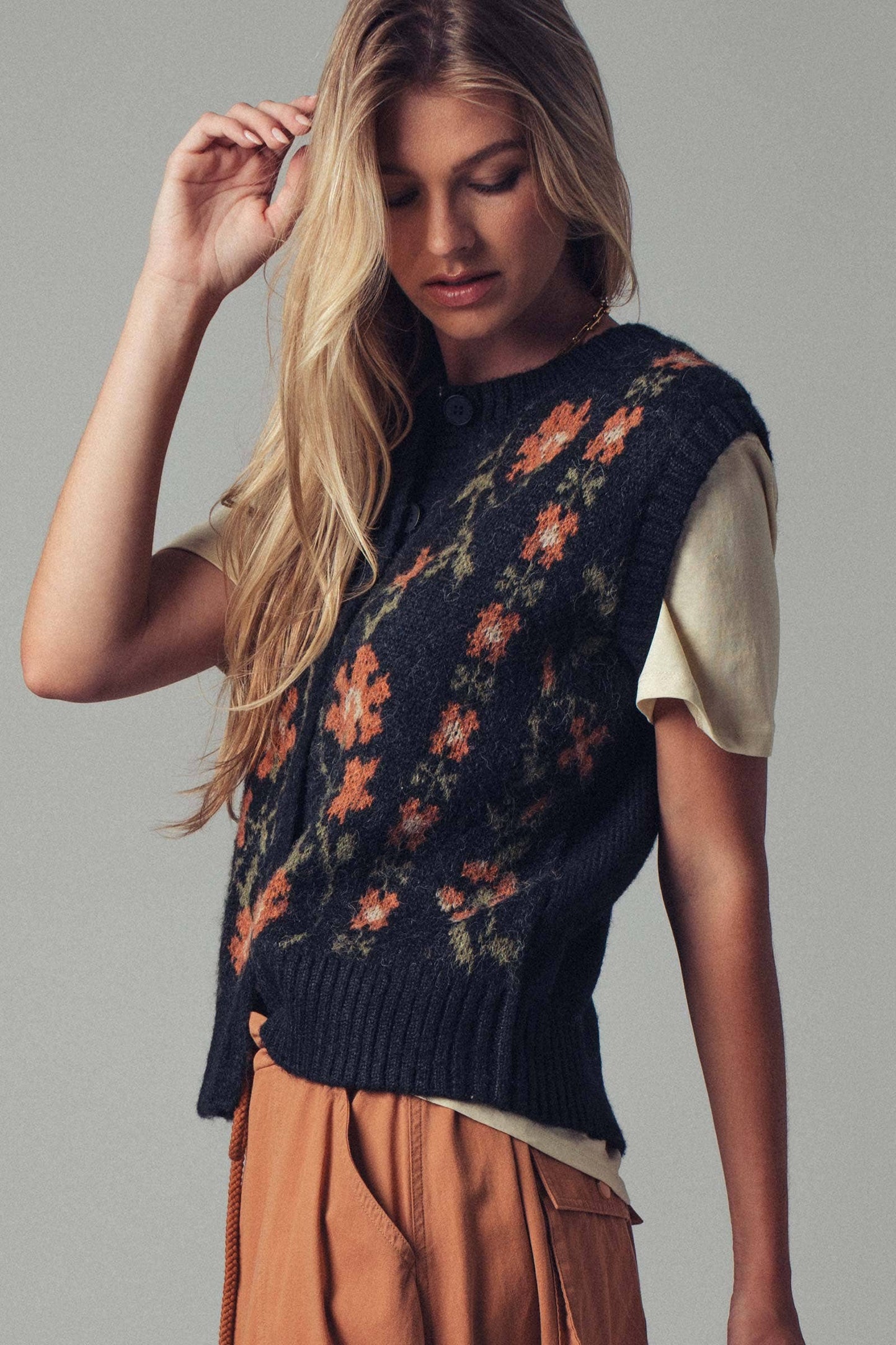 Floral Knit Button-Up Sweater Vest
