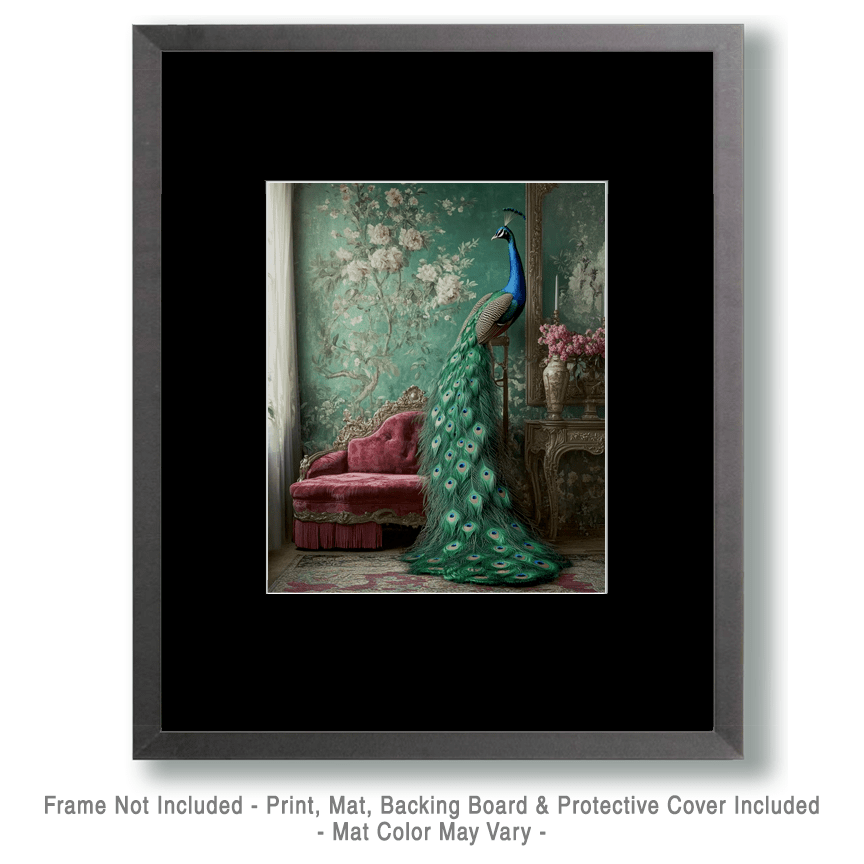 Peacock Morning - 8"x10" Artwork in 11″x14″ Brushed Silver Antique Frame
