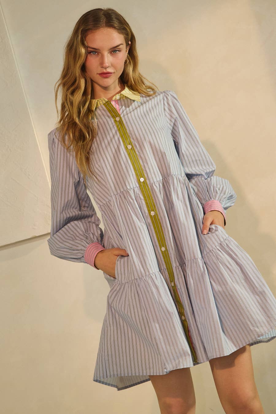 Striped Tiered Button Down Shirt Dress