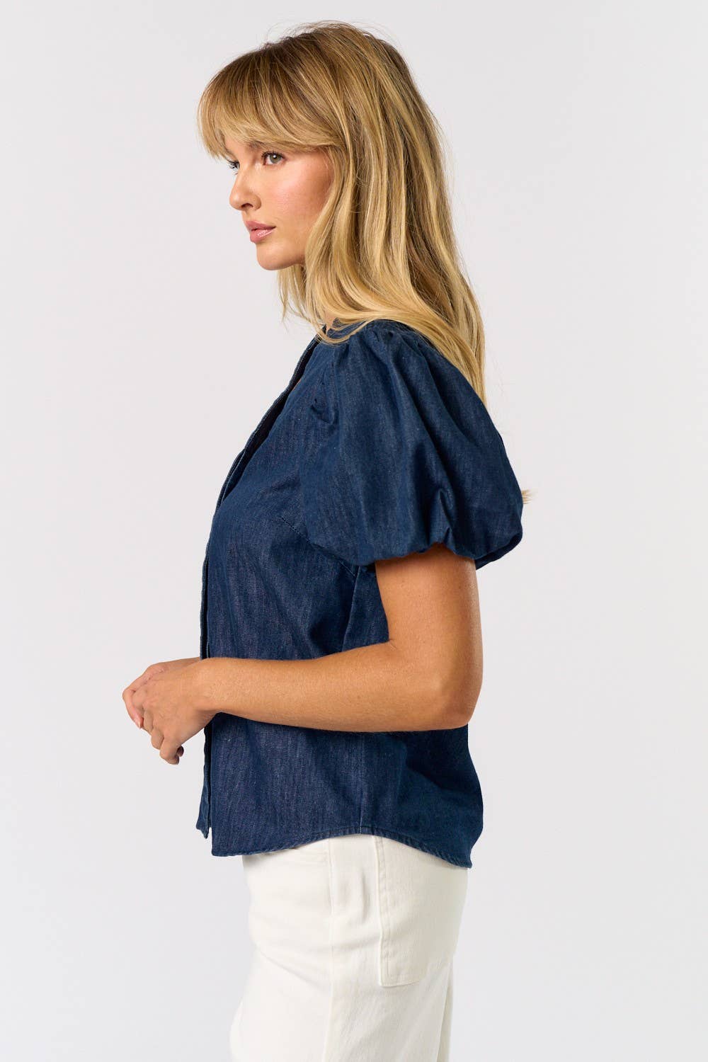 ILT5102 Denim Button Down Top With Short Puff Sleeves