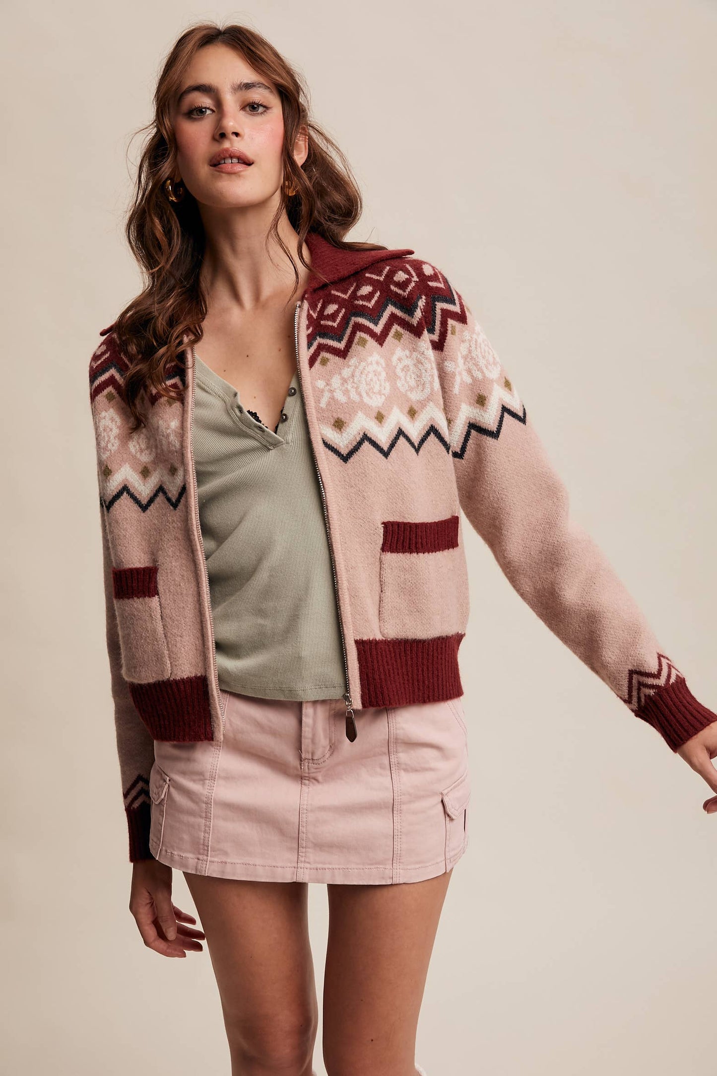 Retro Floral Knit Zip-Up Cardigan