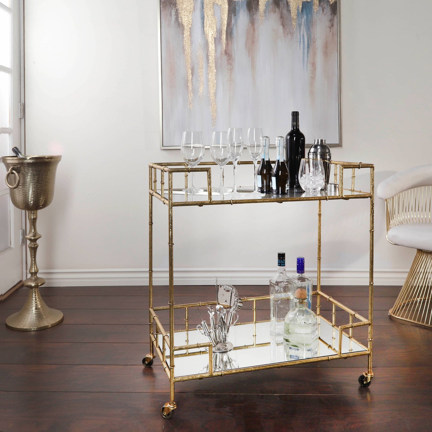 Gold 31x28 in. Metal Mirrored Top 2-Tier Gold Metal Bar Cart