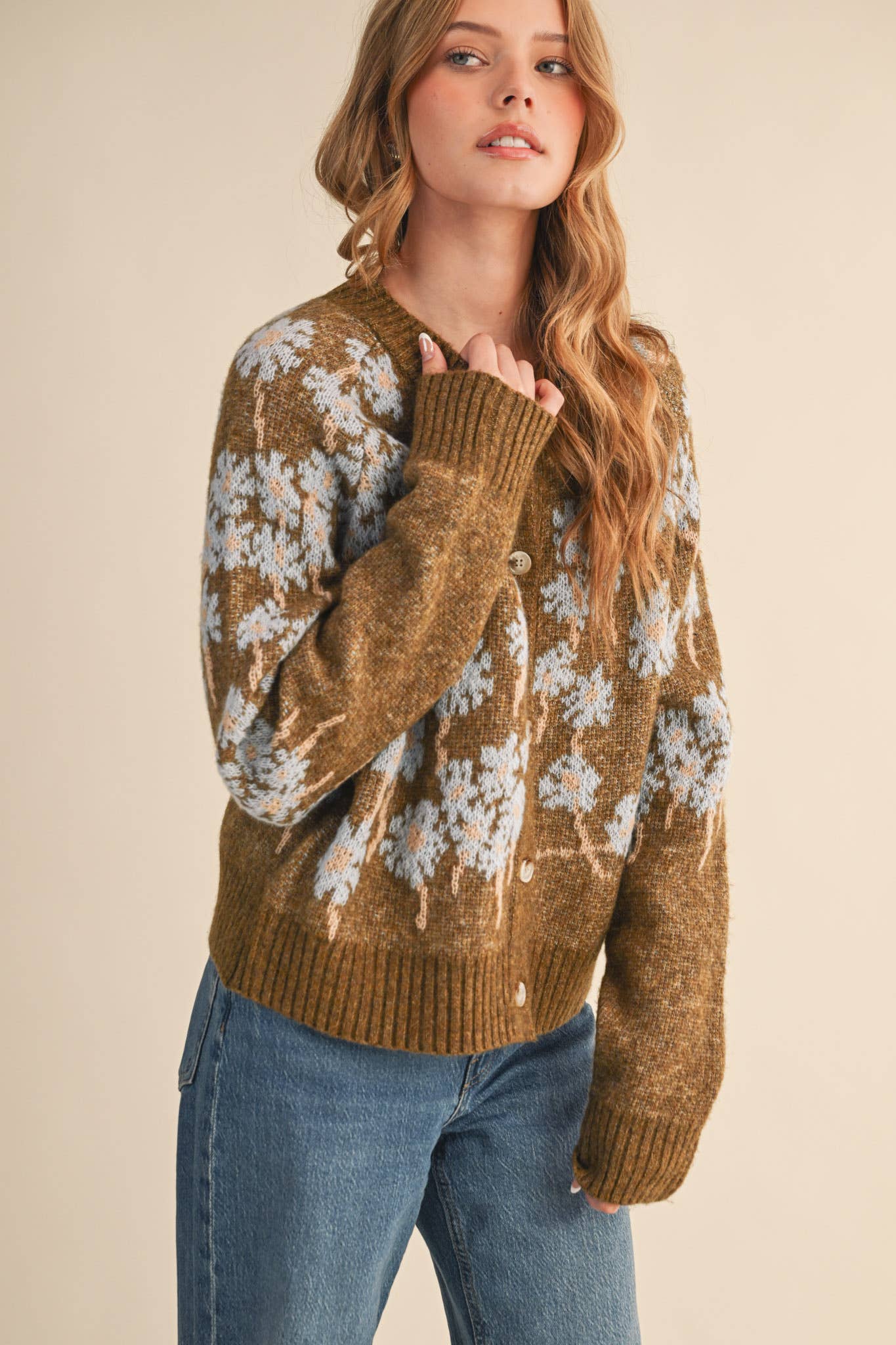 FLORAL KNIT BUTTON DOWN SWEATER CARDIGAN MSW11238
