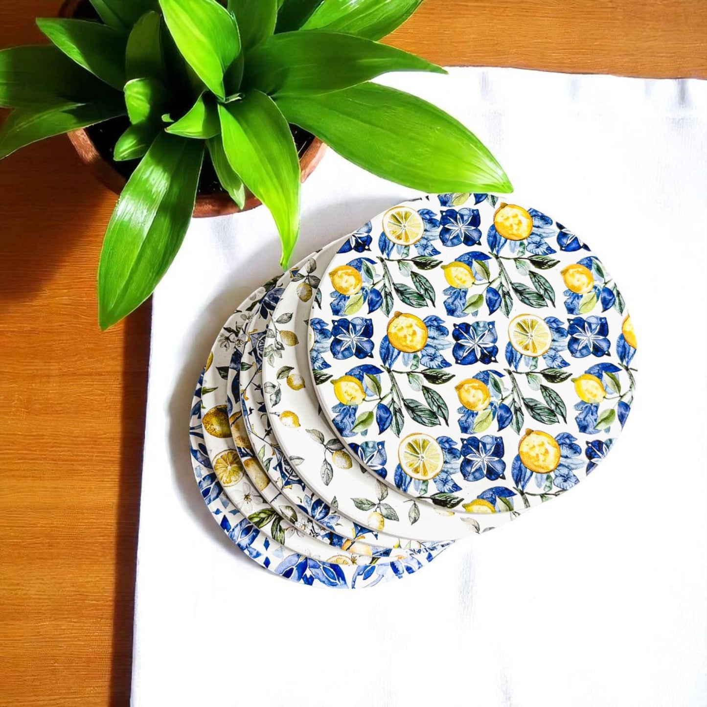 Mediterranean Lemon Coasters | Coastal Blue & Yellow Accents