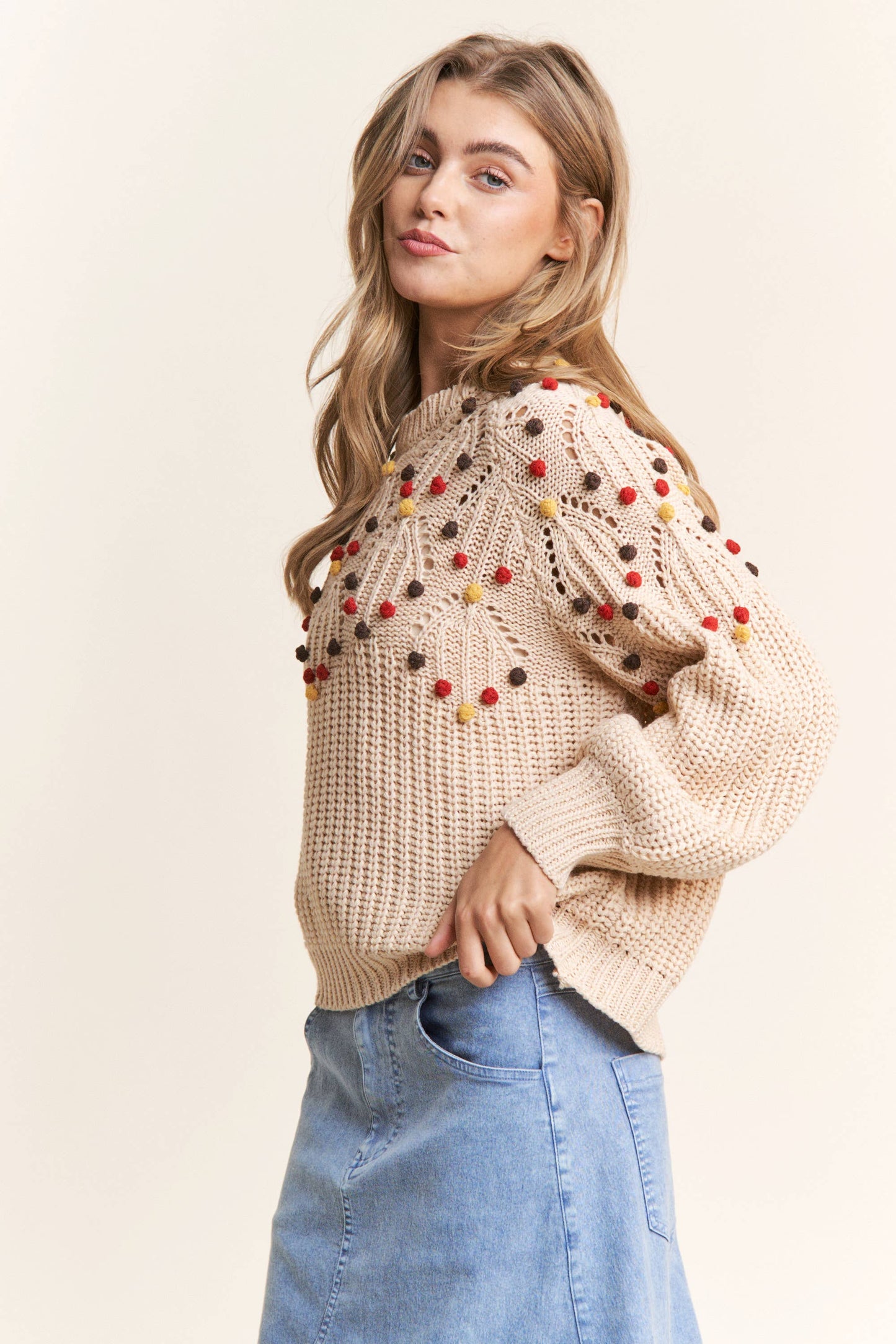 Eyelet Cable Knit PomPom Knit Sweater Top