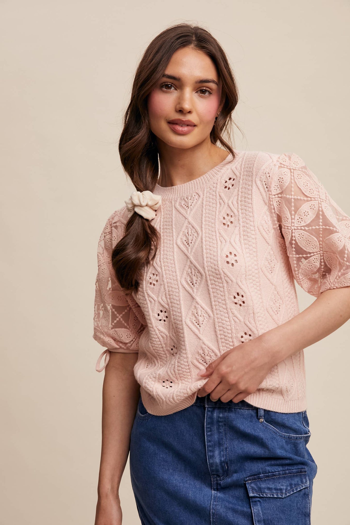 Eyelet Puff Sleeve Knit Sweater Top