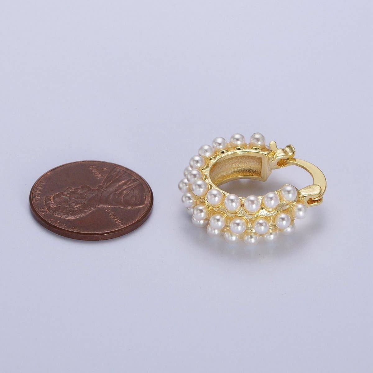 Triple White Round Pearl Lined 21mm Gold Hoop Latch Earrings