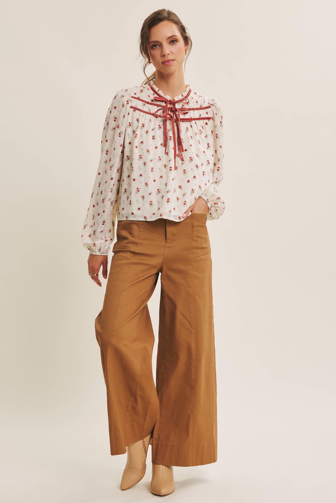 BREEZY FALL DAYS VELVET FLORAL BLOUSE WITH DELICATE RUFFLES