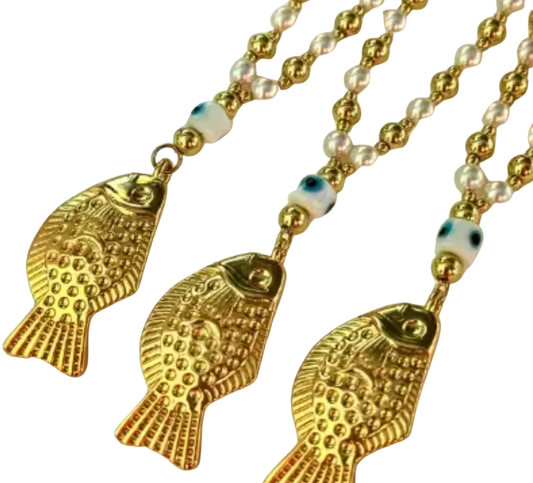 Aglio Italian Lucky Fish Pearl Evil Eye and Gold Necklace