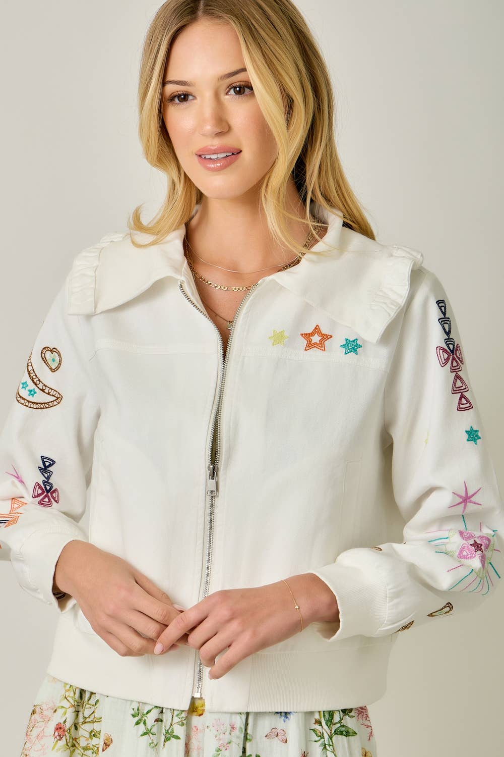 Embroidered Blouson Jacket with Star Detail - Vintage White