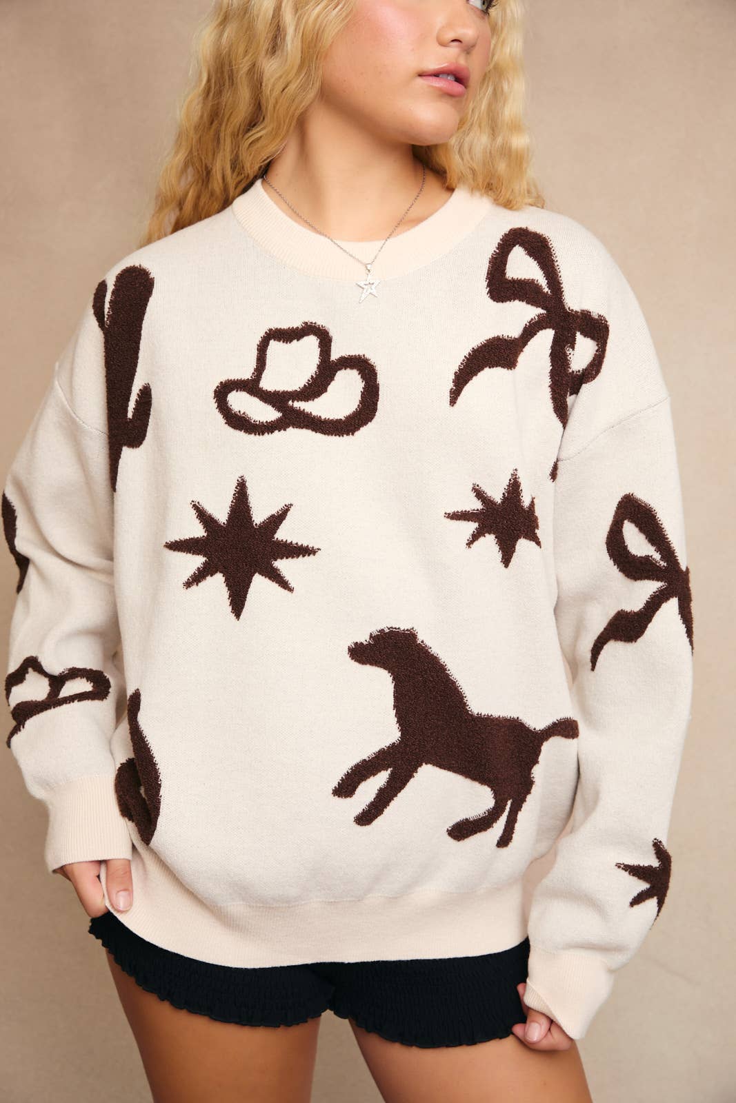 LONG SLEEVE CREW NECK MULTI COWBOY PATTERN SWEATER