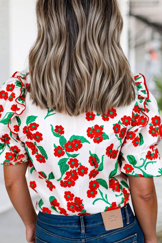 LAST CHANCE - Floral Print Ruffled Puff Sleeve Button-up Shirt | M