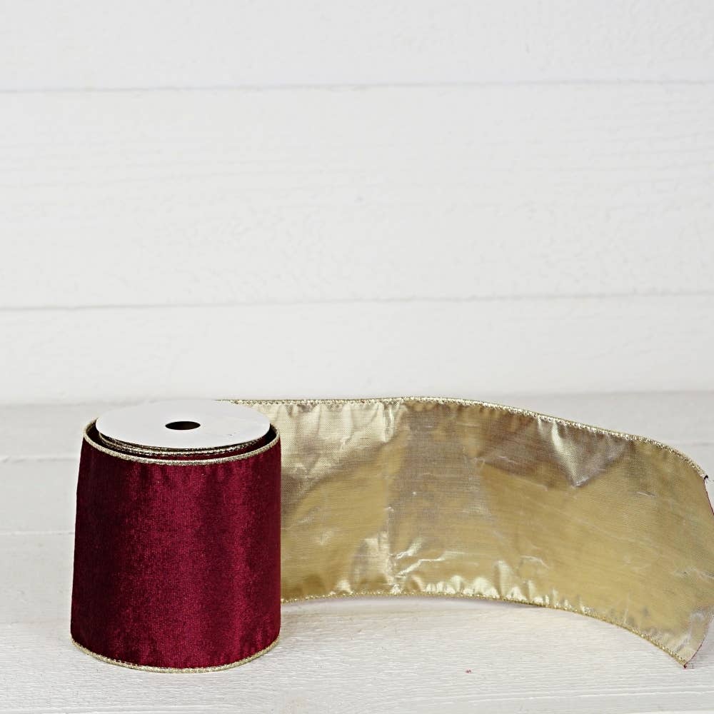 R32981-Wired Ribbon-Burgundy Velvet w. Gold back (4inW)