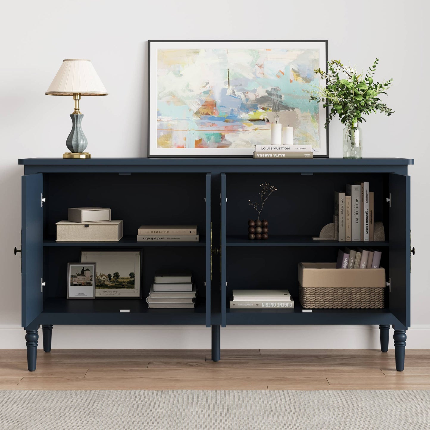Console Cabinet, 58'' Mid Century Modern Pantry Cabinet