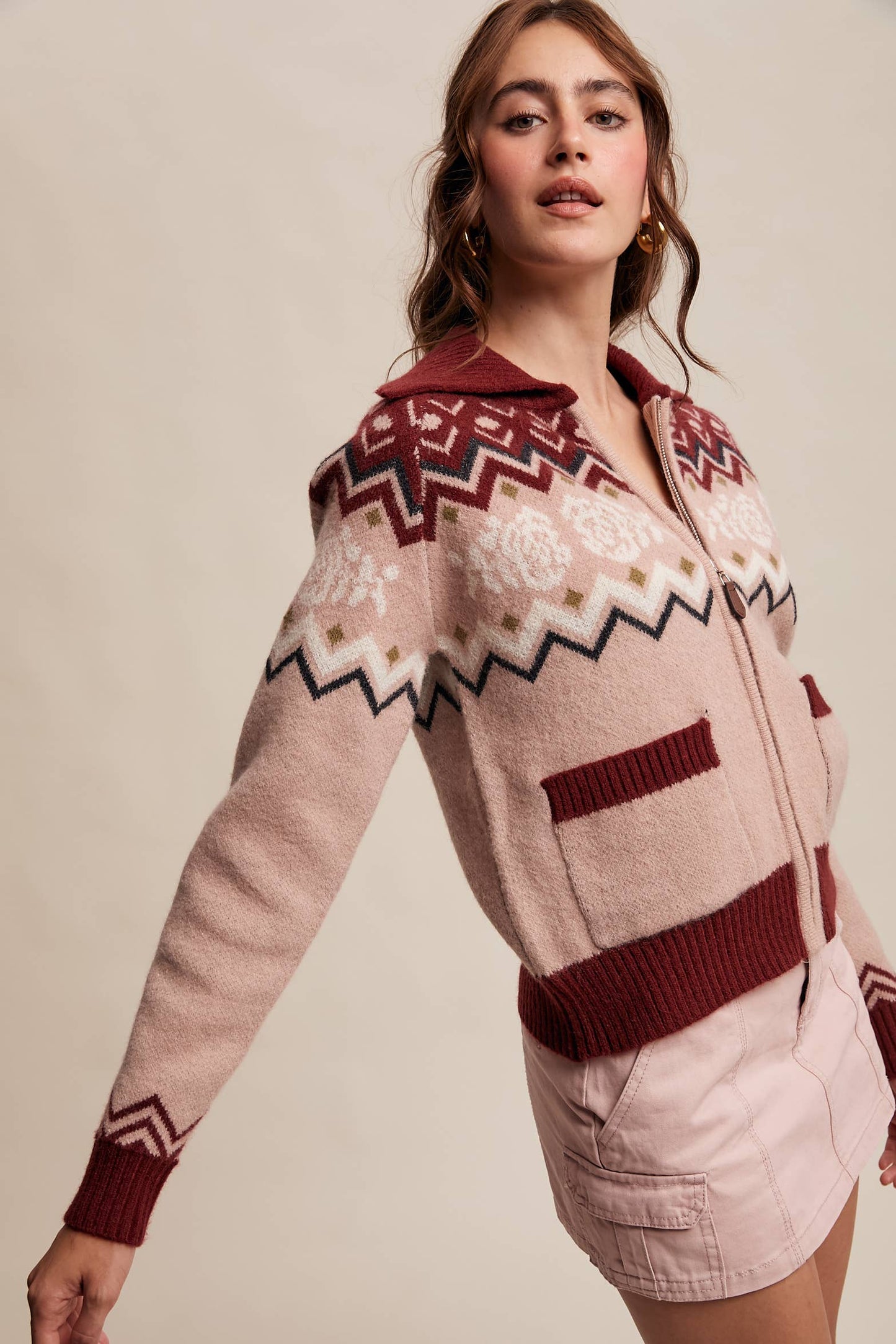 Retro Floral Knit Zip-Up Cardigan