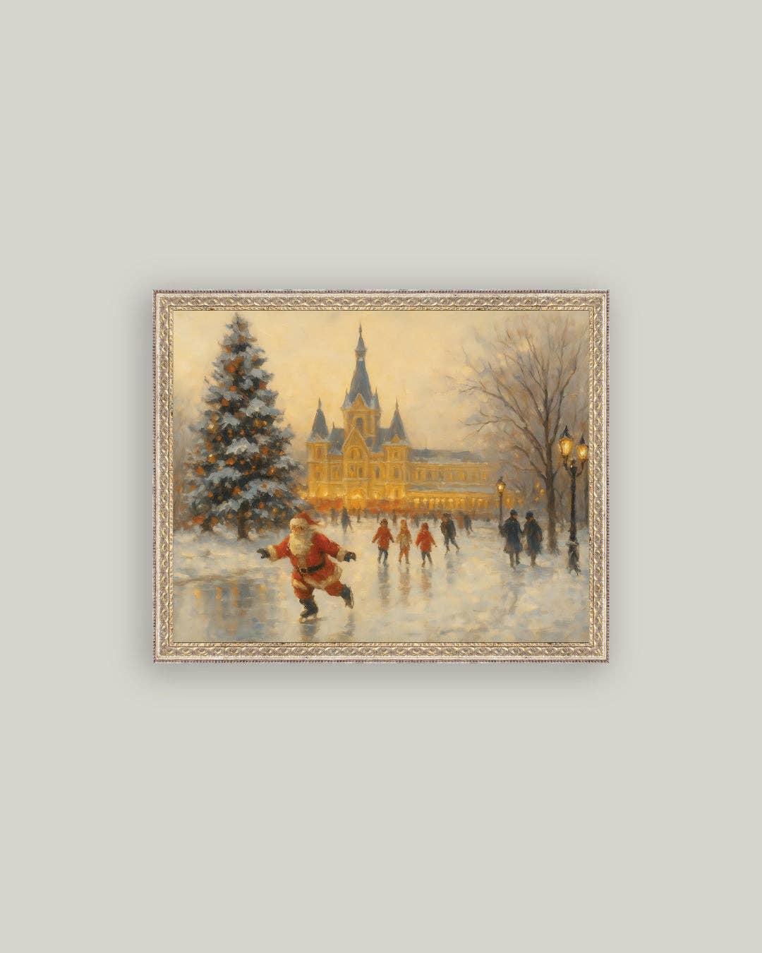 Skating Santa Framed Antique Art