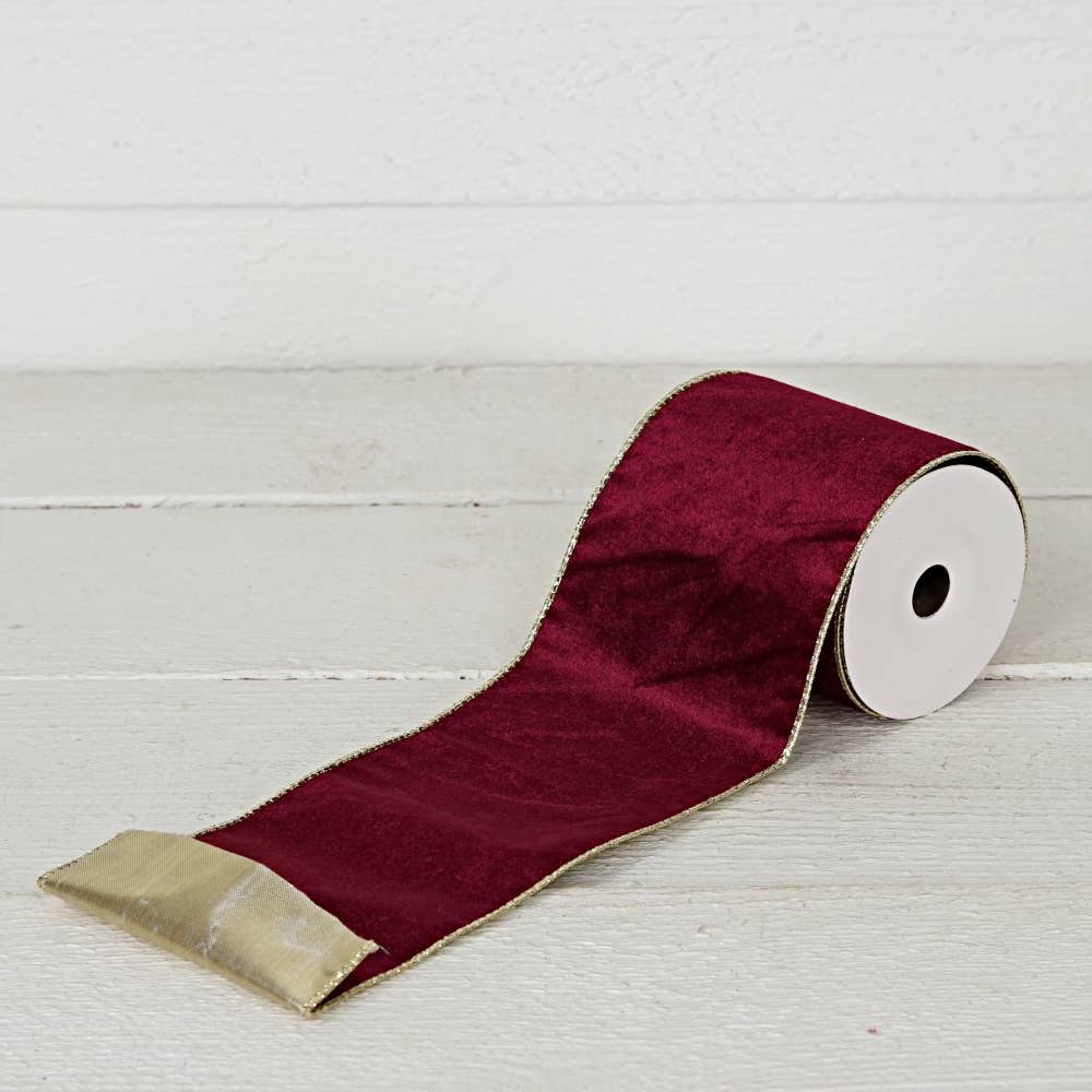 R32981-Wired Ribbon-Burgundy Velvet w. Gold back (4inW)