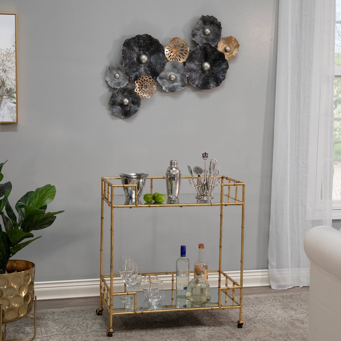 Gold 31x28 in. Metal Mirrored Top 2-Tier Gold Metal Bar Cart