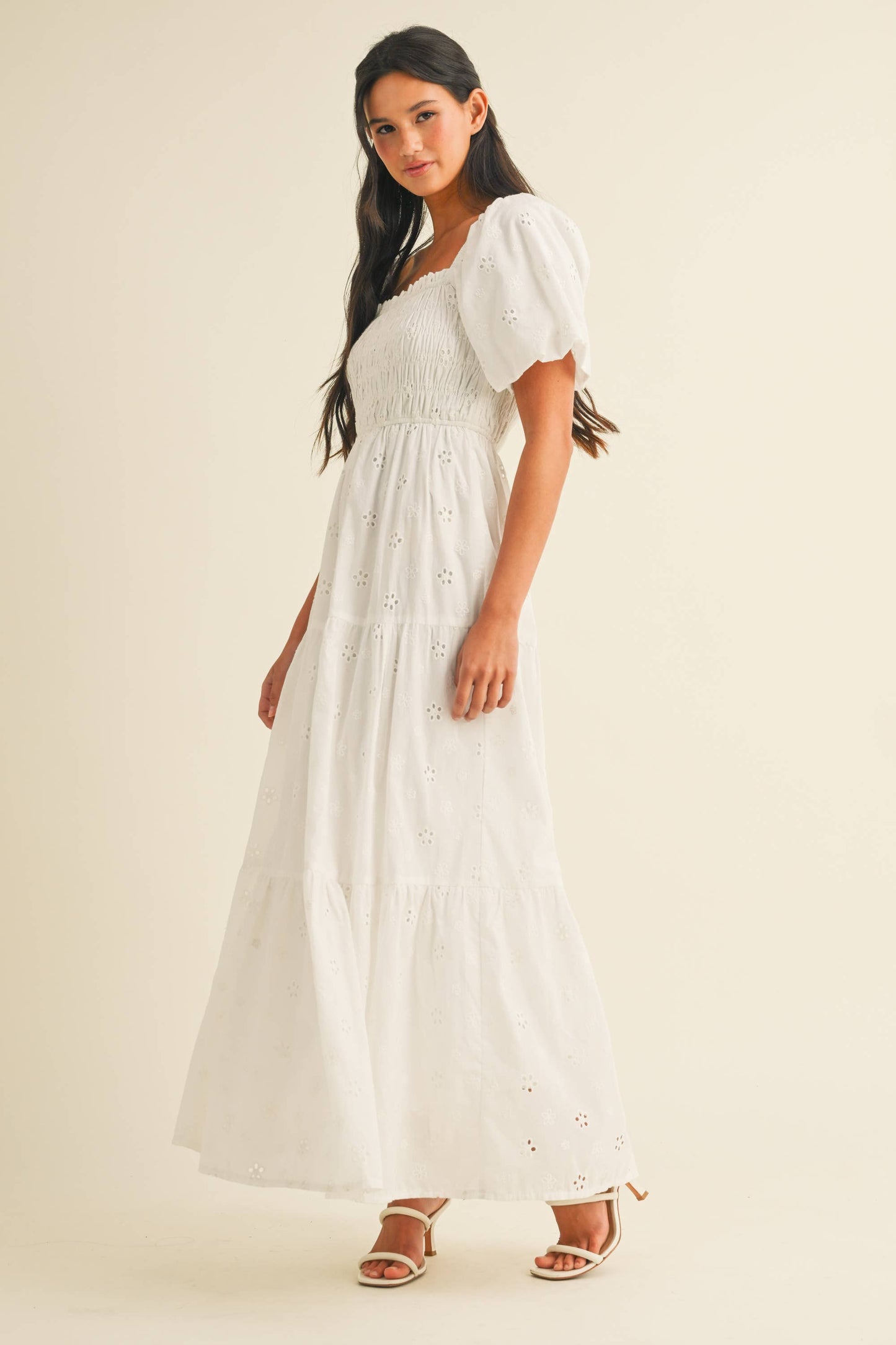 ID8852 EYELET PUFF SLEEVES MIDI DRESS WITH SMOCKING